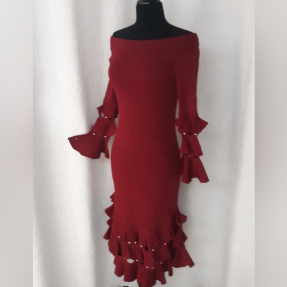 Johnathan Simkhai Ruby Red Knit Stud Ruffle Dress… - image 2